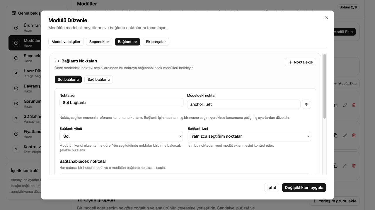 Kaynak nokta, yön ve izin alanları. Bağlanabilecek noktalar formun devamındadır.
