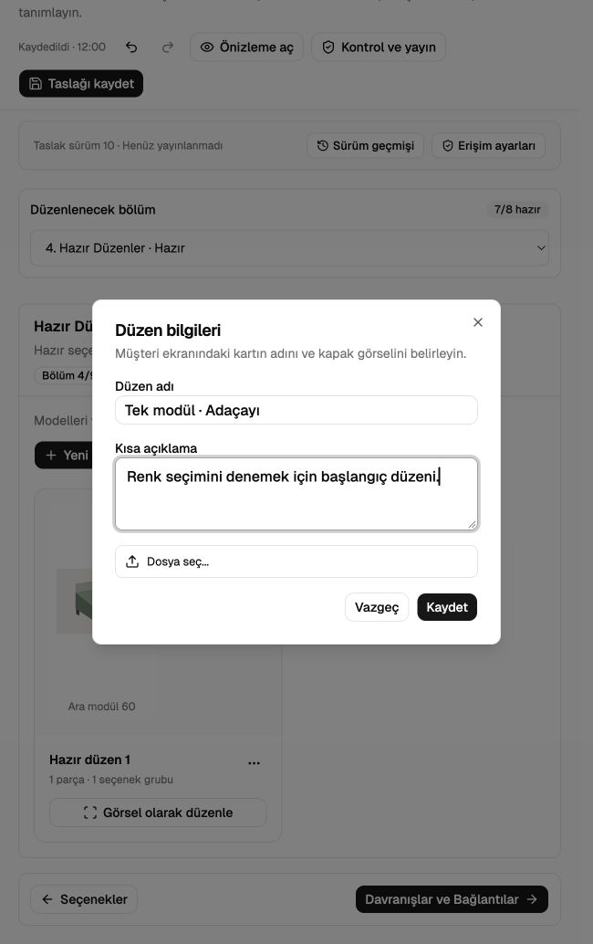 Hazır düzen kartının adı ve kısa açıklaması.