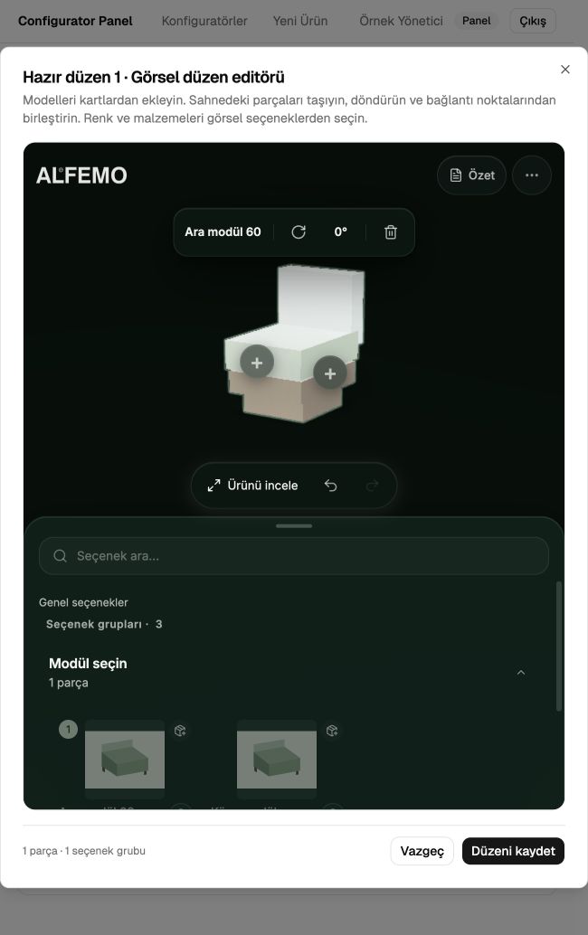 Gerçek görsel düzen editöründe bir eğitim modülü eklendi. Düzeni kaydet düğmesi bu kombinasyonu panele aktarır.